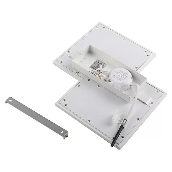 Just Light LED-Deckenleuchte Bedging - 40 W, L x B x H: 40 x 40 x 5,6 cm, Weiß, Warmweiß - Rückseite einer weißen LED-Panel-Leuchte mit freiliegendem Treiber und Verkabelung, daneben eine silberne Metallhalterung.