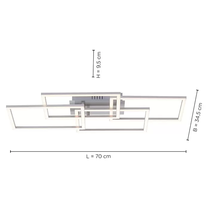Just Light LED-Deckenleuchte Iven - 38 W, L x B x H: 34,5 x 70 x 9,5 cm, Stahl, Warmweiß - Moderne metallische LED-Deckenleuchte mit verbundenen Rechteckrahmen, L 70 x B 34,5 x H 9,5 cm.
