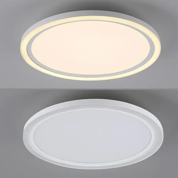 Just Light LED-Deckenleuchte Bedging - 27 W, Weiß, Warmweiß - Das Bild zeigt eine LED-Deckenleuchte mit weißem Rahmen, die in einer leuchtenden und einer nicht leuchtenden Version dargestellt wird.