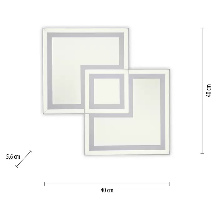 Just Light LED-Deckenleuchte Bedging - 40 W, L x B x H: 40 x 40 x 5,6 cm, Weiß, Warmweiß - Drei ineinandergreifende weiße/graue LED-Lichtrahmen, insgesamt 40x40 cm, mit 5,6 cm breiten Leuchtstreifen.