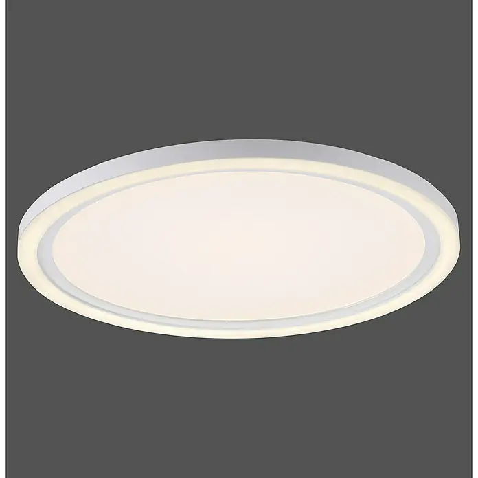 Just Light LED-Deckenleuchte Bedging - 27 W, Weiß, Warmweiß - Nahaufnahme einer runden LED-Deckenleuchte mit weißem Rahmen und warmweißem Licht vor einem grauen Hintergrund.
