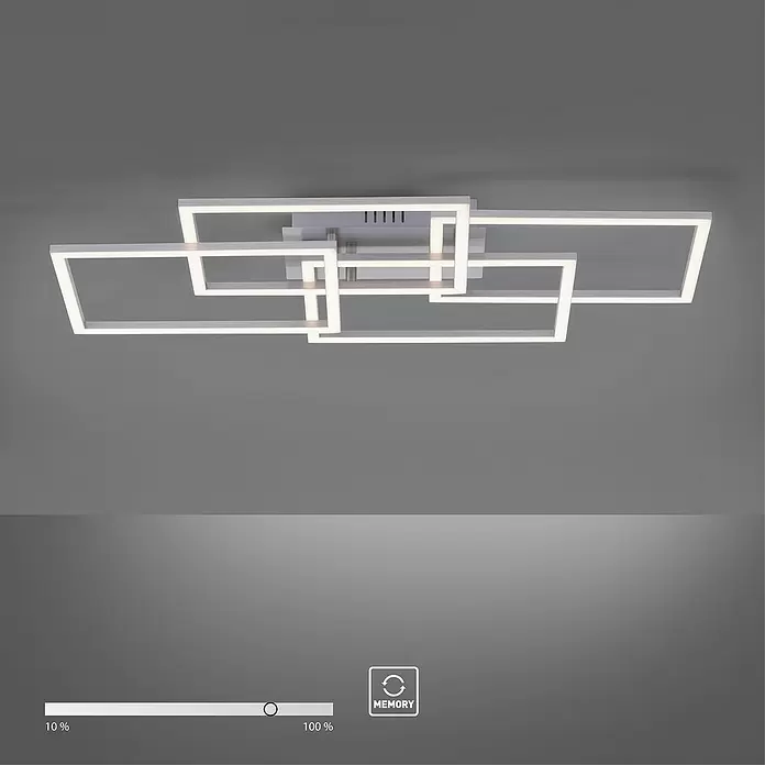 Just Light LED-Deckenleuchte Iven - 38 W, L x B x H: 34,5 x 70 x 9,5 cm, Stahl, Warmweiß - Moderne LED-Deckenleuchte mit ineinandergreifenden rechteckigen Silberrahmen und beleuchteten weißen Diffusoren.