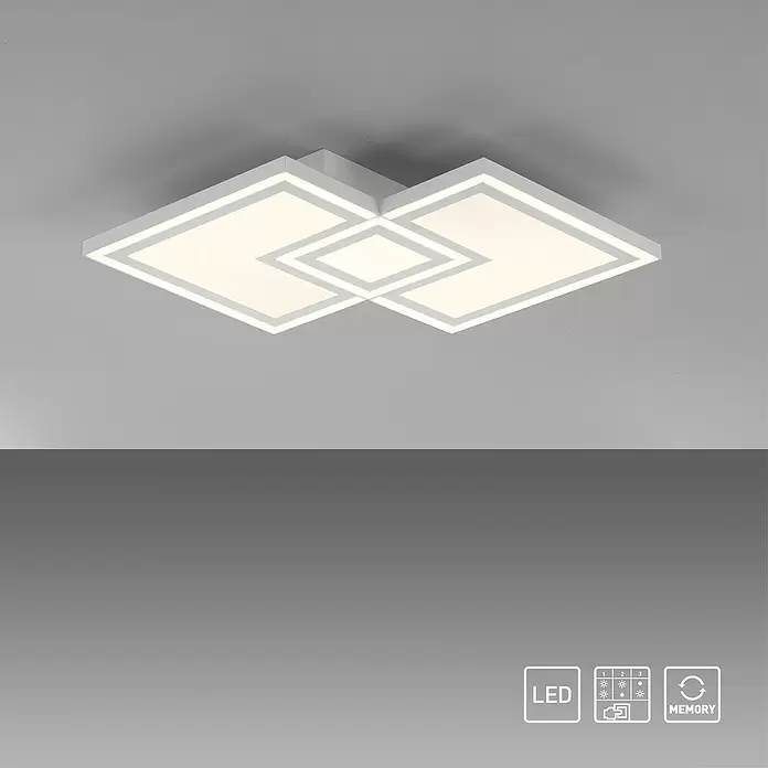 Just Light LED-Deckenleuchte Bedging - 40 W, L x B x H: 40 x 40 x 5,6 cm, Weiß, Warmweiß - Weiße LED-Deckenleuchte mit geometrisch verschachtelten Quadraten, einstellbarer Helligkeit und Memory-Funktion.