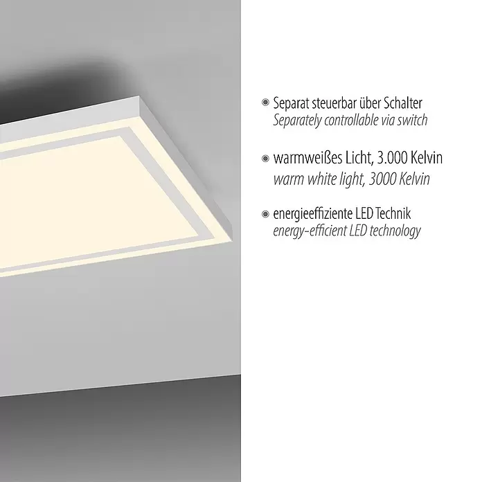 Just Light LED-Deckenleuchte Bedging - 39 W, L x B x H: 80 x 35 x 5,6 cm, Weiß, Warmweiß - Eine moderne quadratische Deckenleuchte mit weißem Rahmen und warmweißer LED-Beleuchtung.