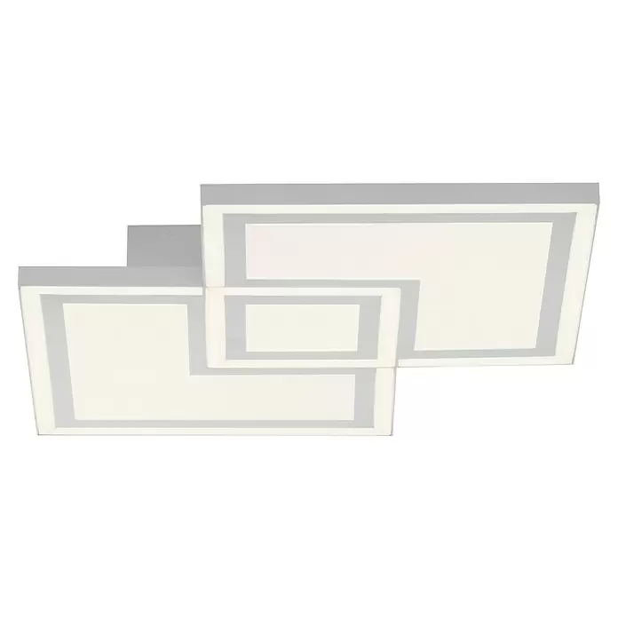 Just Light LED-Deckenleuchte Bedging - 40 W, L x B x H: 40 x 40 x 5,6 cm, Weiß, Warmweiß - Überlappende rechteckige LED-Deckenleuchten mit weißen Platten und grauen Rahmen.