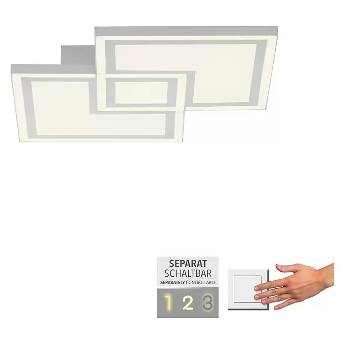 Just Light LED-Deckenleuchte Bedging - 40 W, L x B x H: 40 x 40 x 5,6 cm, Weiß, Warmweiß - Mehrflammige LED-Deckenleuchte mit grauem Rahmen und weiß beleuchteten Rechtecken, separat schaltbar.