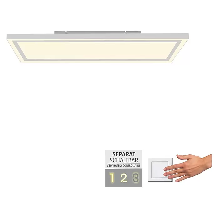 Just Light LED-Deckenleuchte Bedging - 39 W, L x B x H: 80 x 35 x 5,6 cm, Weiß, Warmweiß - Rechteckige LED-Deckenleuchte mit hellgrauem Rahmen und warmweiß beleuchteter Fläche, gezeigt mit Schalter zur separaten Steuerung.