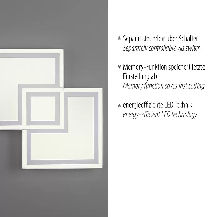 Just Light LED-Deckenleuchte Bedging - 40 W, L x B x H: 40 x 40 x 5,6 cm, Weiß, Warmweiß - Weiße geometrische LED-Deckenleuchte mit verschachtelten Quadraten und leuchtenden inneren Linien.