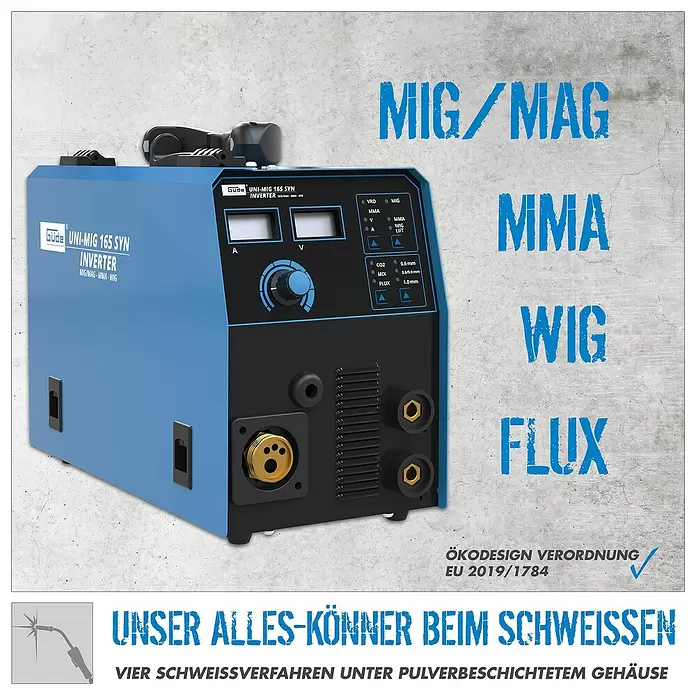Güde Kombi-Schweißgerät UNI-MIG 165 SYN - Schweißstrom: 20 A - 160 A - Blau-schwarzes Güde UNI-MIG 165 SYN Inverter Schweißgerät für MIG/MAG, MMA, WIG und FLUX Schweißverfahren.