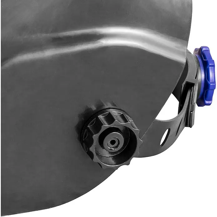 Güde Schweißhelm GSH-TC-2 - Universal - Nahaufnahme eines schwarzen Schweißhelms mit blauer Einstellschraube und schwarzem Drehknopf für die individuelle Anpassung.