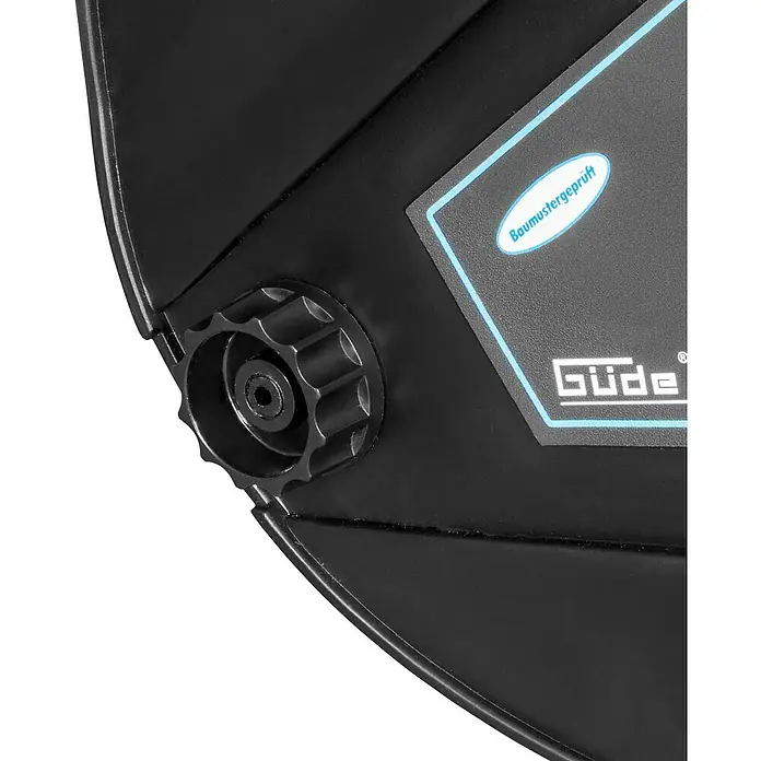 Güde Schweißhelm GSH-K - Internationale Größe: Universal - Detailaufnahme einer Güde Schweißmaske mit Fokus auf das Einstellrad und das Güde Logo.