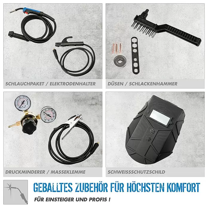 Güde Kombi-Schweißgerät UNI-MIG 165 SYN - Schweißstrom: 20 A - 160 A - Vielfältiges Schweißzubehör: Schweißbrenner, Elektrodenhalter, Düsen, Schlackenhammer, Druckminderer, Masseklemme, Schweißschutzschild.