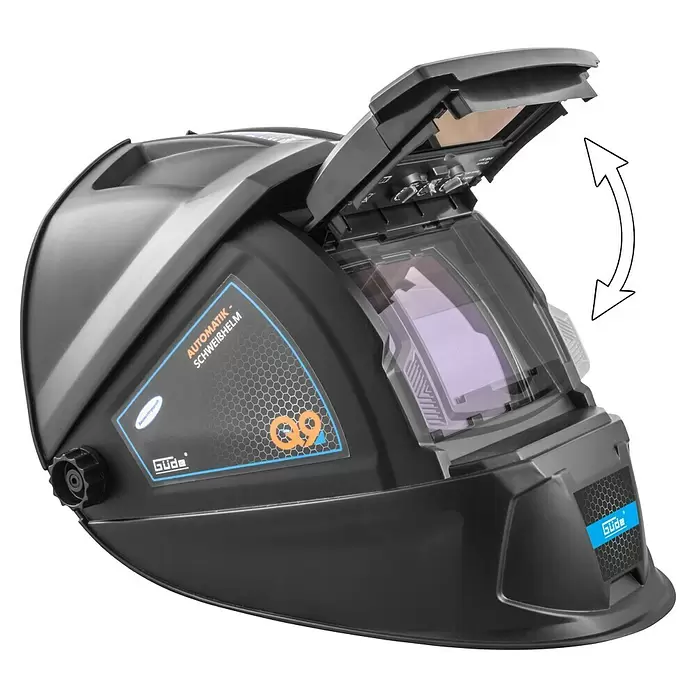 Güde Schweißhelm GSH-K - Internationale Größe: Universal - Dunkelgrauer Automatik-Schweißhelm mit geöffnetem, verstellbarem Visier, inneren Bedienelementen und einem Pfeil, der die Visierbewegung anzeigt.