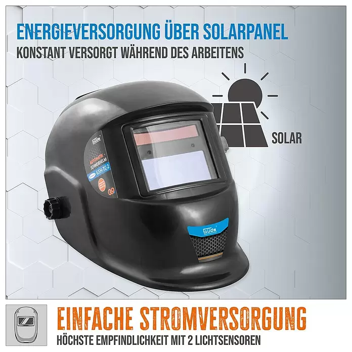 Güde Schweißhelm GSH-TC-2 - Universal - Schwarzer Automatik-Schweißhelm mit Solarpanel, konstante Energieversorgung während der Arbeit.