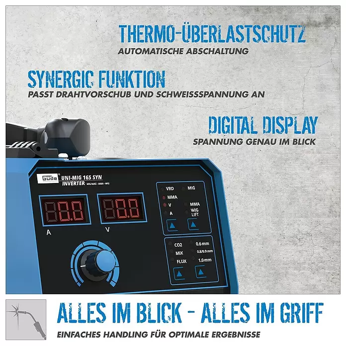 Güde Kombi-Schweißgerät UNI-MIG 165 SYN - Schweißstrom: 20 A - 160 A - Blauer und schwarzer Güde UNI-MIG 165 SYN Inverter-Schweißgerät mit Digitalanzeigen und Bedienelementen für MIG/MAG, MMA, WIG.