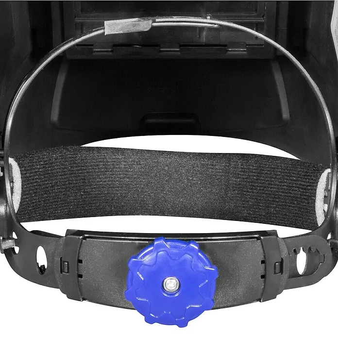 Güde Schweißhelm GSH-TC-2 - Universal - Nahaufnahme eines Schweißhelms mit blauem Einstellknopf und schwarzem Kopfband für optimale Passform und Komfort.