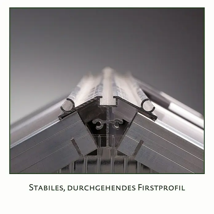 KGT Gewächshaus Rose III - Außenmaß inkl. Dachüberstand (B x T): 233 x 323 cm, 10 mm, Anthrazitgrau - Detailansicht eines stabilen, durchgehenden Firstprofils, das für eine robuste und dauerhafte Konstruktion sorgt.