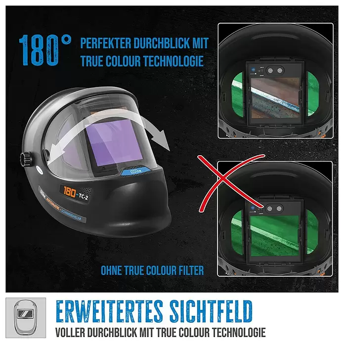 Güde Kombi-Schweißgerät Uni-Mig 270 AS-Pro SYN - Schweißstrom: 30 A - 270 A - Schwarzer Schweißhelm mit 'True Colour Technologie' zeigt klaren und grünen Filterblick, betont 180° Sichtfeld.