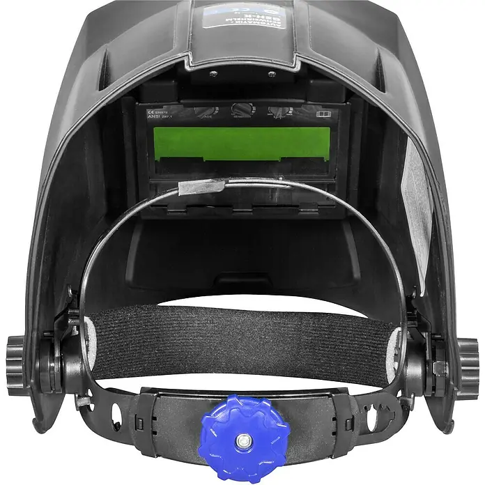 Güde Schweißhelm GSH-K - Internationale Größe: Universal - Schwarze Automatik-Schweißmaske mit einstellbarem Kopfbügel und grünem Sichtfenster für optimalen Schutz beim Schweißen.