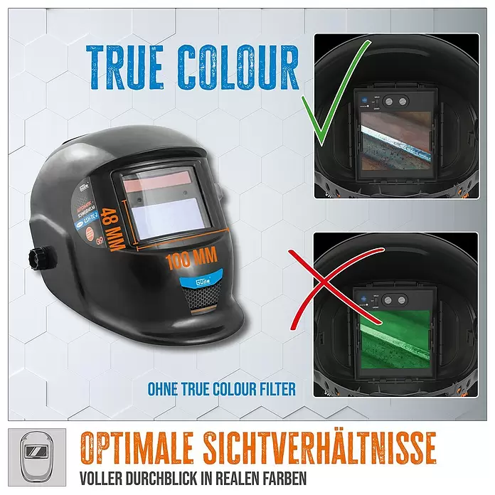 Güde Schweißhelm GSH-TC-2 - Universal - Schwarzer Automatik-Schweißhelm mit True Colour Filter, zeigt eine realistische Schweißnahtansicht im Vergleich zu einem grünen Filter.