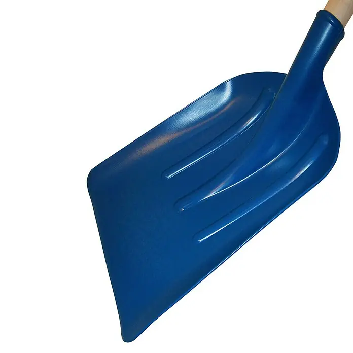 Pala multifunción Riegolux - Ancho: 34 cm, Plástico - Pala de nieve azul con mango de madera, ideal para trabajos de invierno y quitar la nieve de la casa.