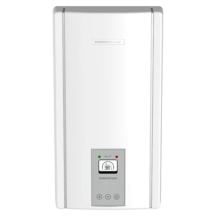 Thermoflow Durchlauferhitzer Elex 21N - 21 kW, Elektronisch, Geschlossen - Das Bild zeigt einen Thermoflow Elex 21 Warmwasserbereiter in Weiß, der an einer Wand montiert ist. Er verfügt über ein digitales Display und Bedienelemente.