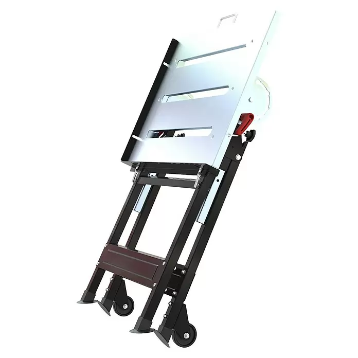 Güde Schweißtisch MSKT 760 - L x B: 760 x 500 mm - Schräge Ansicht einer silbernen und schwarzen Treppenkarre mit Rädern und roten Einstellhebeln zum Transport von Gegenständen.
