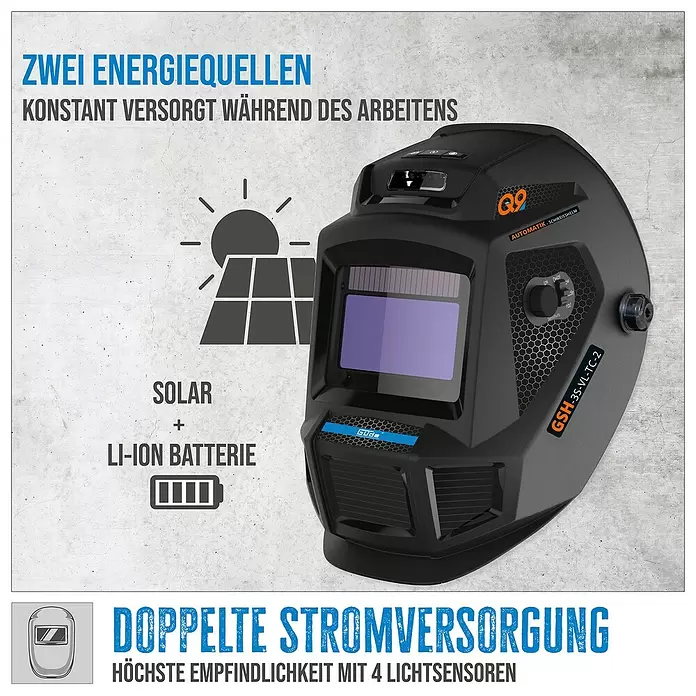 Güde Schweißhelm GSH-3S-VL-TC-2 - Internationale Größe: Universal - Schwarzer Automatik-Schweißhelm mit Solar- und Li-Ionen-Akku, 4 Lichtsensoren.