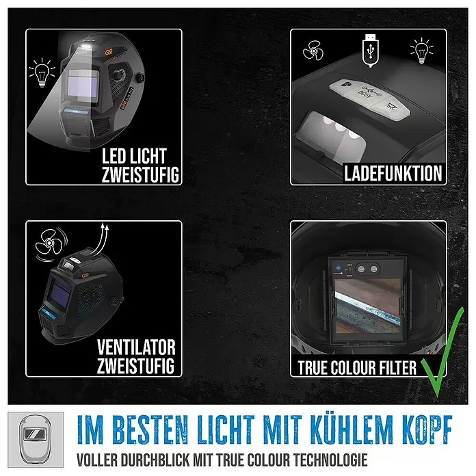 Güde Schweißhelm GSH-3S-VL-TC-2 - Internationale Größe: Universal - Schwarzer Schweißhelm mit zweistufigem LED-Licht, Ladefunktion, zweistufigem Ventilator und True Color Filter.