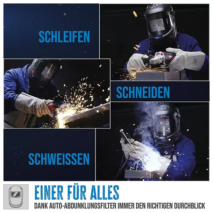 Güde Schweißhelm GSH-3S-VL-TC-2 - Internationale Größe: Universal - Eine Person trägt einen schwarzen Automatik-Schweißhelm und führt Schleif-, Schneide- und Schweißarbeiten aus, was seine Vielseitigkeit zeigt.