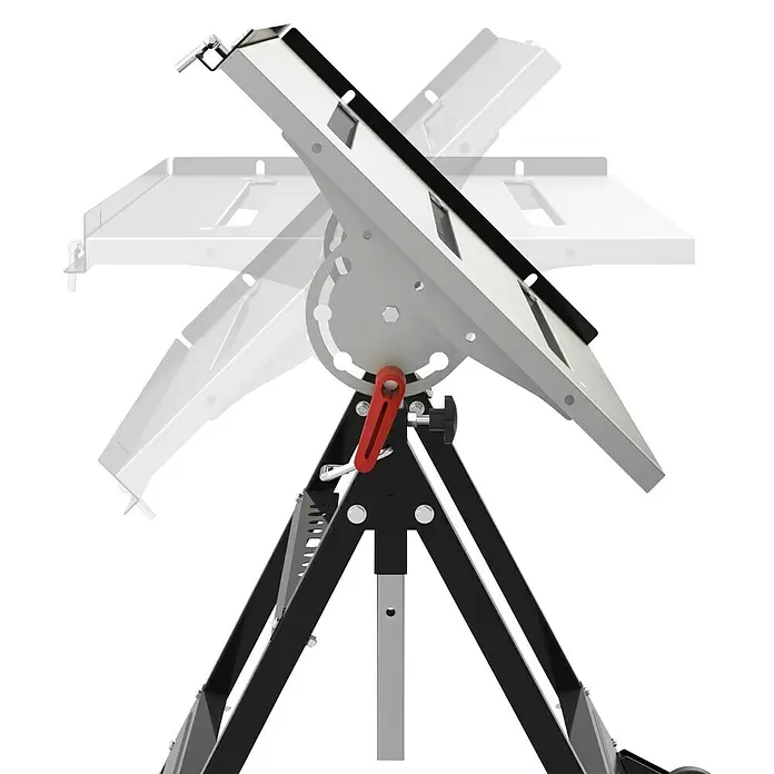 Güde Schweißtisch MSKT 760 - L x B: 760 x 500 mm - Verstellbarer Gehrungssägeständer mit weißer Platte, schwarzen Beinen und rotem Winkelhebel, zeigt Kippfunktion.