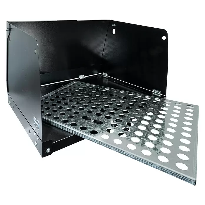 Güde Schweißkabine MSK 760 - L x B x H: 760 x 500 x 720 mm - Schwarze Metallaufbewahrungseinheit mit einer silbernen, perforierten Auszugsschale.