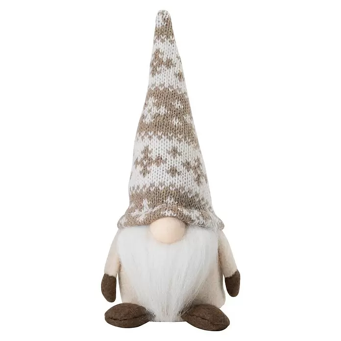 Dekofigur Mini Wichtel - L x B x H: 7,7 x 6,7 x 18 cm, Textil, Weihnachtswichtel - Gnomfigur mit weiß-brauner Strickmütze, langem weißem Bart, beiger Nase und Filzkörper mit braunen Händen und Füßen.