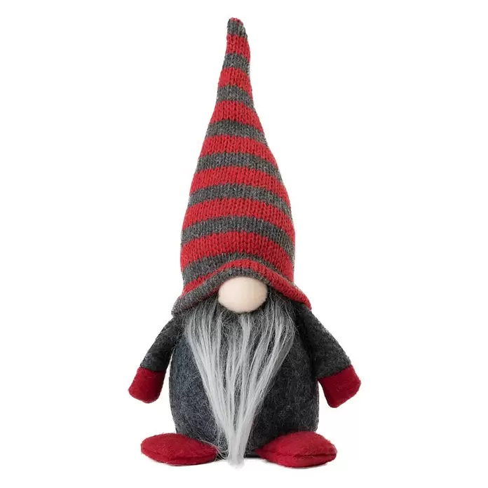 Dekofigur Mini Wichtel - L x B x H: 7,7 x 6,7 x 18 cm, Textil, Weihnachtswichtel - Dekorativer Wichtel mit rot-grau gestreifter Strickmütze, weißem Bart, heller Nase, dunkelgrauem Körper und roten Händen und Füßen.