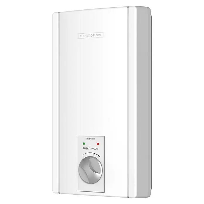 Thermoflow Calentador Hydrex - 24 kW, Hidráulica, Se puede cerrar - Calentador de agua eléctrico blanco THERMOFLOW con panel de control, dial de temperatura y luces indicadoras.