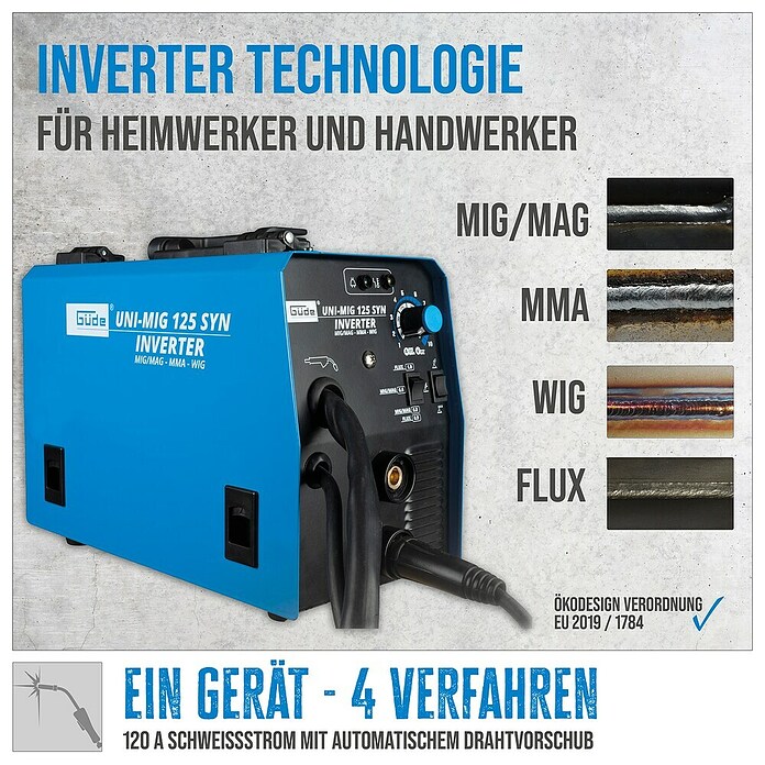 Güde Schweißgerät UNI-MIG 125 SYN (Schweißstrom: 20 - 120 A, Elektrodenstärke: 1 mm - 4 mm) | BAUHAUS