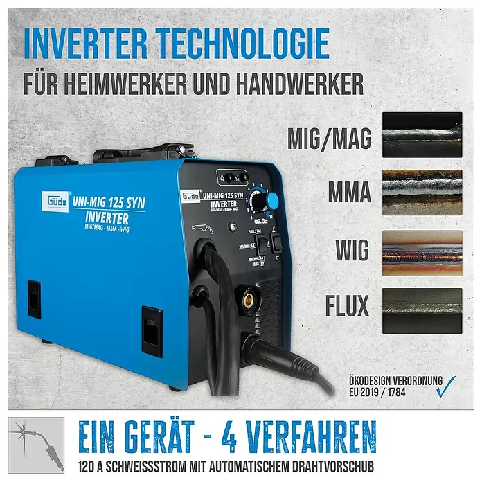 Güde Kombi-Schweißgerät UNI-MIG 125 SYN - Schweißstrom: 20 A - 120 A - Blaue Güde UNI-MIG 125 SYN Inverter-Schweißmaschine für MIG/MAG, MMA, WIG und FLUX mit 120A Schweißstrom und automatischem Drahtvorschub.