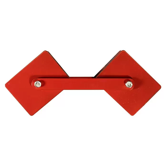 Güde Schweiß-Winkelmagnet - 1 Stk. - Rote magnetische Schweißwinkelklemme, zwei rautenförmige Metallteile verbunden durch eine Mittelstange.