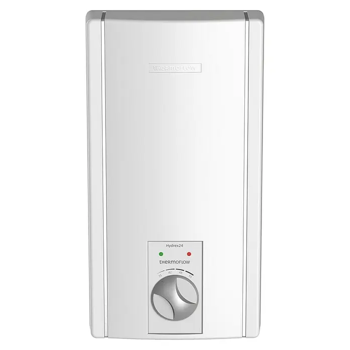 Thermoflow Durchlauferhitzer Hydrex 24 - 24 kW, Hydraulisch, Geschlossen - Abbildung eines Thermoflow Hydrex24 Warmwasserbereiters. Das Gerät ist weiß und hat ein Bedienfeld mit Temperaturregler und Kontrollleuchten.