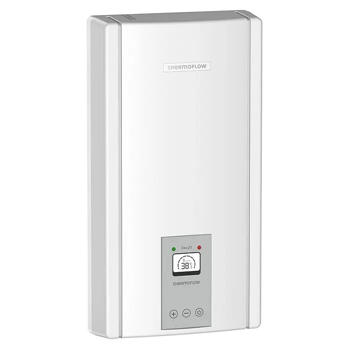 Thermoflow Durchlauferhitzer Elex 21N - 21 kW, Elektronisch, Geschlossen - Ein Thermoflow Elex 21 Warmwasserbereiter in Weiß. Er zeigt eine Temperatur von 38 Grad Celsius und verfügt über Bedientasten.