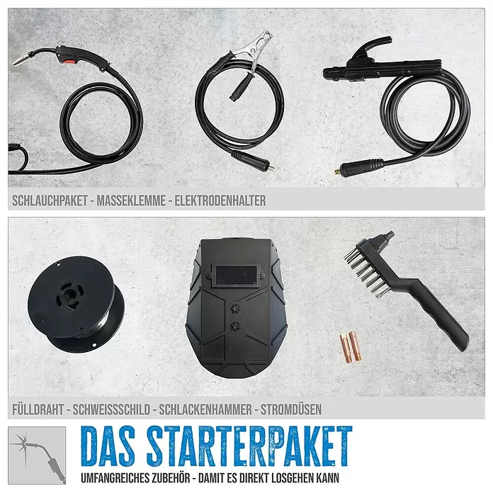 Güde Kombi-Schweißgerät UNI-MIG 125 SYN - Schweißstrom: 20 A - 120 A - Ein Schweiß-Starterpaket mit Schlauchpaket, Masseklemme, Elektrodenhalter, Fülldraht, Schweißschild, Schlackenhammer und Stromdüsen.