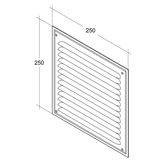 Air-Circle Abdeckgitter - 25 x 25 cm, Aluminium - Perspektivische Darstellung eines quadratischen Lüftungsgitters mit Lamellen und den Maßen 250x250 mm.