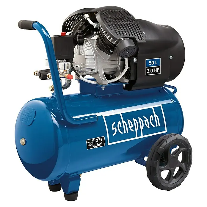 Scheppach Kompressor HC500 - 2.200 W, Max. Druck: 10 bar, 50 l, Schmierung: Ölgeschmiert - Ein blauer Scheppach-Luftkompressor mit 50 Litern und 3,0 PS für vielseitige Anwendungen in Werkstatt und Garage.