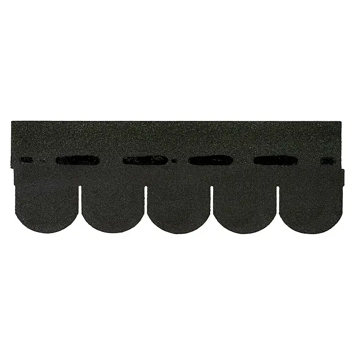 Onduline Tégola cola castor - Negro - Primer plano de una teja asfáltica negra, que muestra sus bordes redondeados y tiras adhesivas oscuras para la instalación.