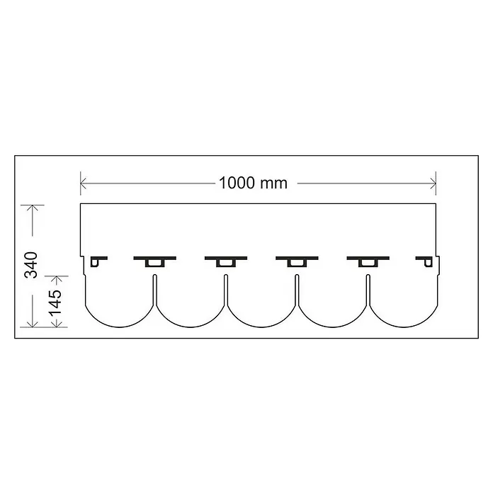 Onduline Tégola cola castor - Negro - Dibujo técnico detallado de un perfil de 1000 mm de longitud con múltiples rebajes y una altura total de 340 mm.