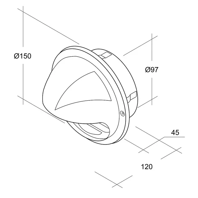 Air-Circle Design-Ablufthaube - Durchmesser Anschlussstutzen: 100 mm, Mit Fliegennetz, Edelstahl - Darstellung einer Wandleuchte mit den Maßen Ø150, Ø97, 45 und 120 für technische Details.