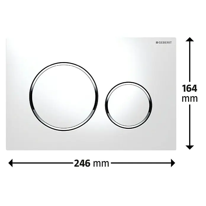 Geberit Betätigungsplatte Sigma 20 115.882.KJ.1 - Weiß, 2-Mengen-Spülung - Produktbild: Geberit Betätigungsplatte mit zwei Tasten und Abmessungen zur einfachen Installation.