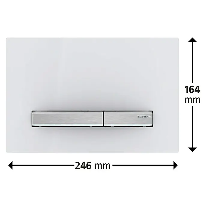 Geberit Betätigungsplatte Sigma 50 - 115.788.11.2 - Weiß/Chrom, 2-Mengen-Spülung - Das Bild zeigt eine Geberit Betätigungsplatte, die 246 mm breit und 164 mm hoch ist. Die Platte ist weiß und hat eine silberne Betätigung.