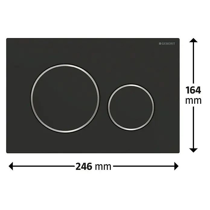 Geberit Betätigungsplatte Sigma 20 115.882.14.1 - Matt Schwarz Verchromt, 2-Mengen-Spülung - Geberit Betätigungsplatte Sigma20 in Schwarz-Chrom, mit Abmessungen für eine präzise Installation im Badezimmer.