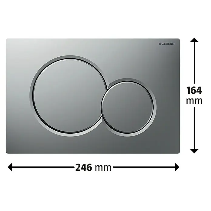 Geberit Betätigungsplatte Sigma 01 - 115.770.JQ.5 - Chrom matt, 2-Mengen-Spülung - Produktbild der Geberit Betätigungsplatte Sigma20 in Edelstahloptik mit den Maßen 246 mm Breite und 164 mm Höhe.